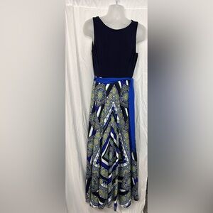 Eliza J sleeveless tie-waist maxi dress. Navy and blue paisley pattern. Size 12.